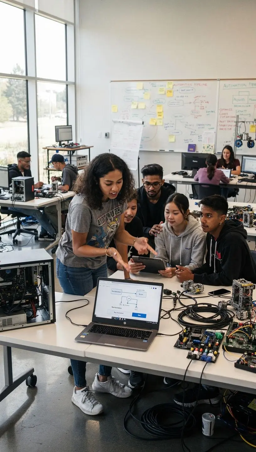 Photo of a diverse team collaborating and implementing smart automation strategies to optimize software workflows.